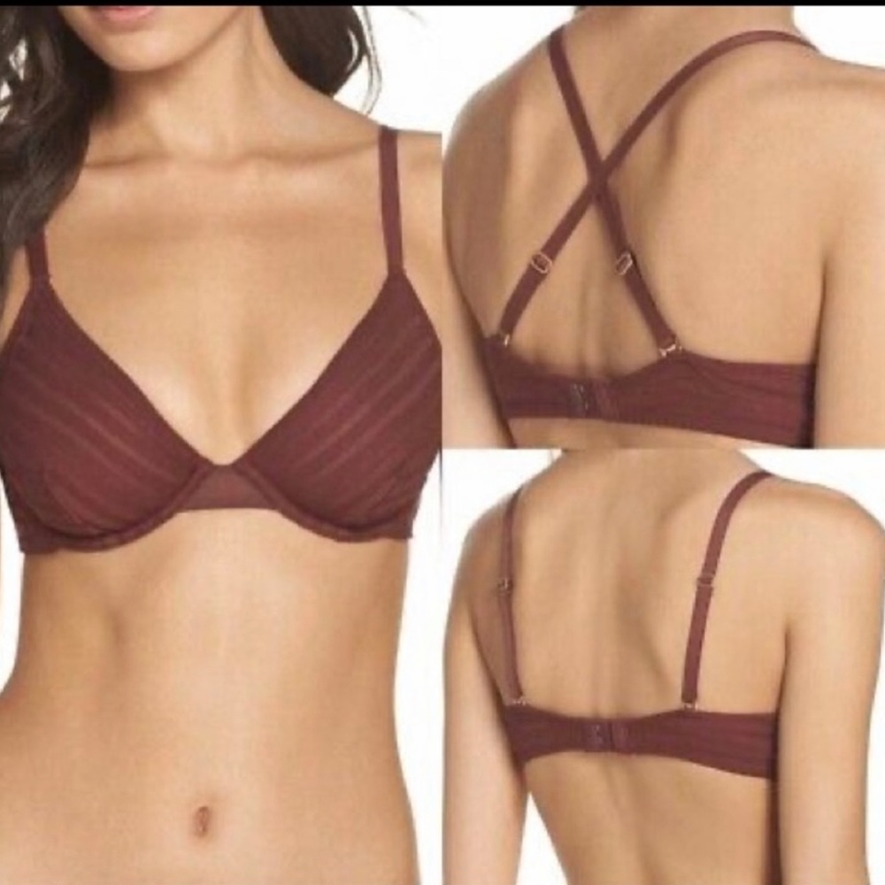 Madewell Underwire Sheer Striped‎ Bra Sz 32B Burgundy Red